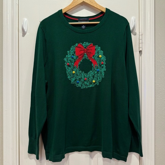 Lands' End Sweaters - Lands End Christmas Sweater Women’s 2XL Green Cotton Festive Wreath Holiday Xmas
